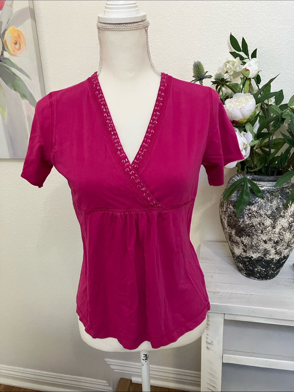 Y2k Faded Glory Deep Pink Surplice Short-Sleeve Babydoll Top